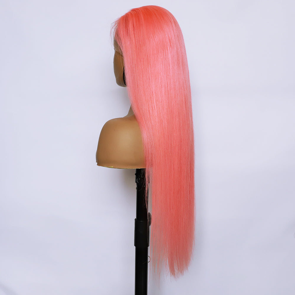 Human Hair 13x4 Front Lace Light Pink Straight Stripe Wig Headband view 4