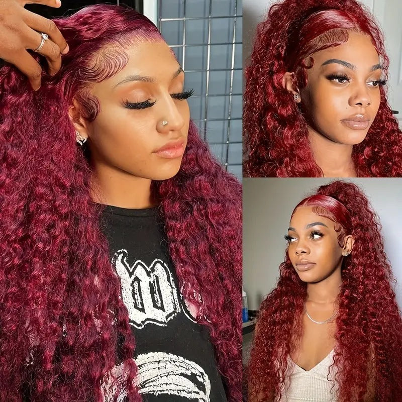 Fashion Wine Red Wig Front Lace Small Roll Wound Tube Afro Synthetic Wigs view 4
