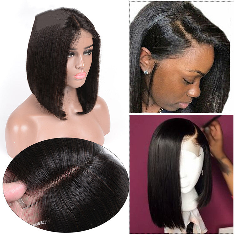 Front lace black short straight hair view 4