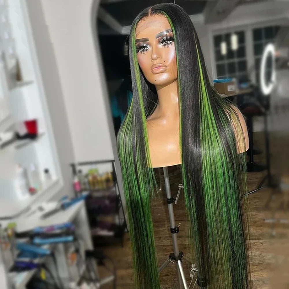 Green Highlight Straight Hair Lace Wig view 8