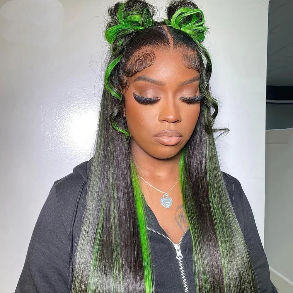 Green Highlight Straight Hair Lace Wig view 4