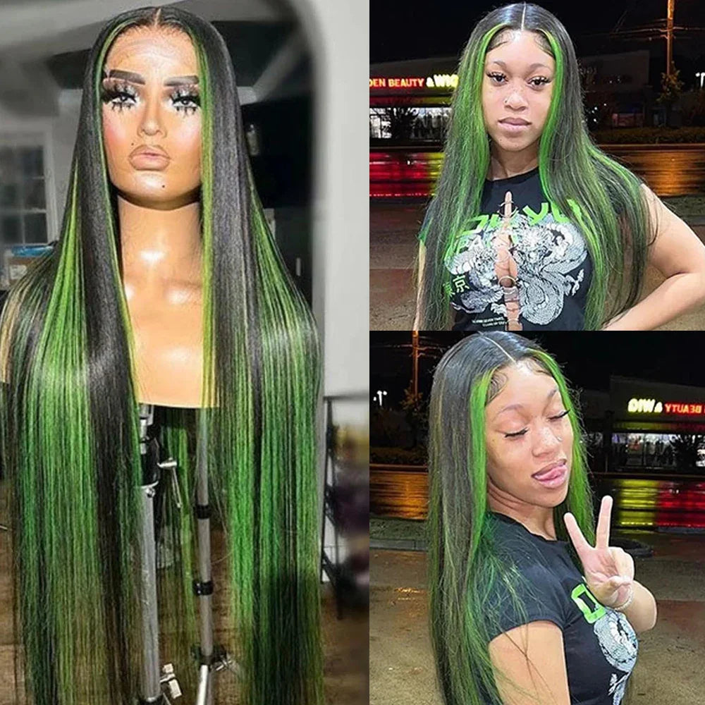 Green Highlight Straight Hair Lace Wig view 6