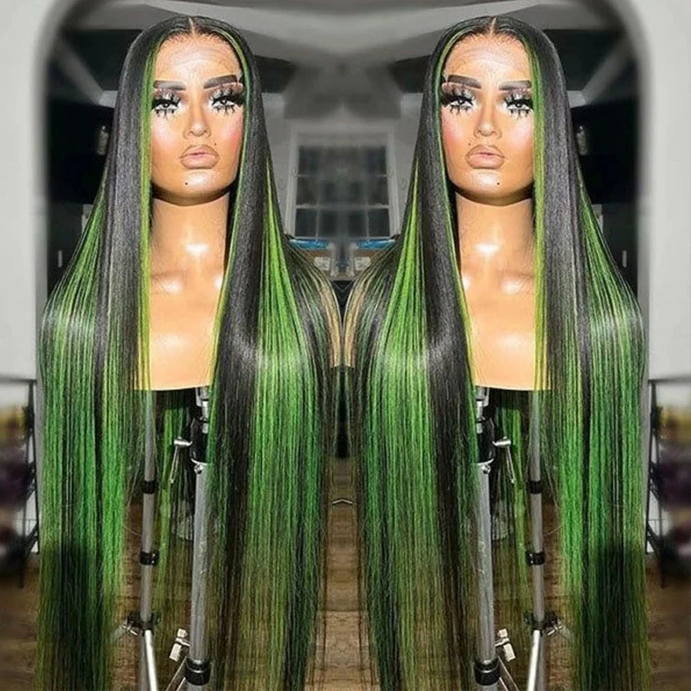 Green Highlight Straight Hair Lace Wig view 3