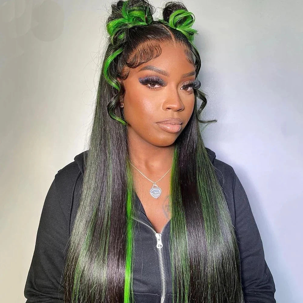 Green Highlight Straight Hair Lace Wig view 5