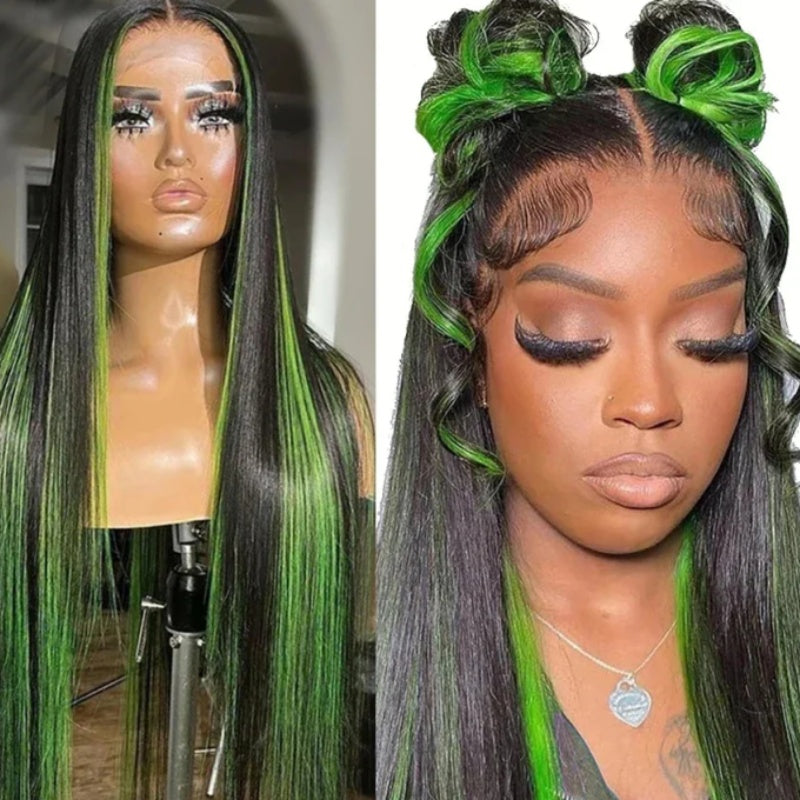 Green Highlight Straight Hair Lace Wig view 9