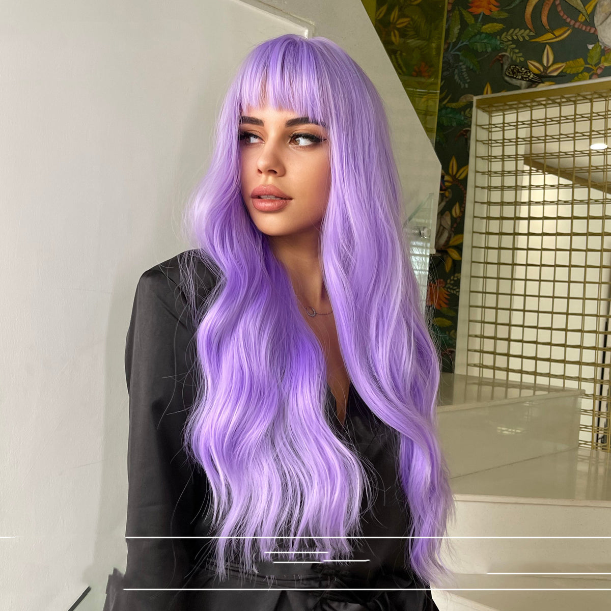 Halloween Christmas Color Style Air Bangs Long Curly Purple Wig Headgear view 4