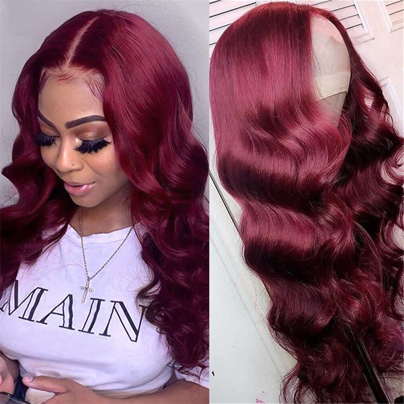 Mid-section Big Wavy Long Curly Hair, Fluffy Wine Red Long Hair view 4