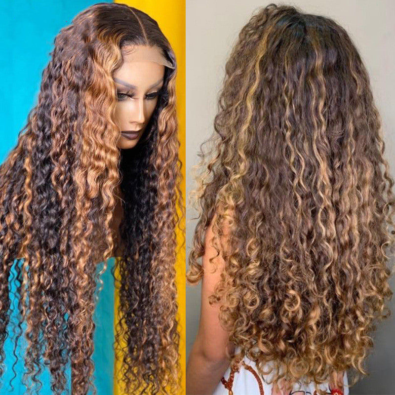 Natural Curly Deep Wave Lace Wig, Piano-color Inter-color Lace Headgear view 5
