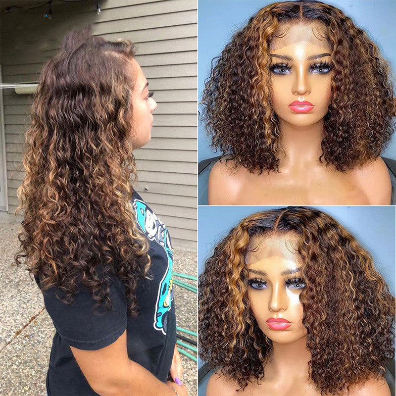 Natural Curly Deep Wave Lace Wig, Piano-color Inter-color Lace Headgear view 4