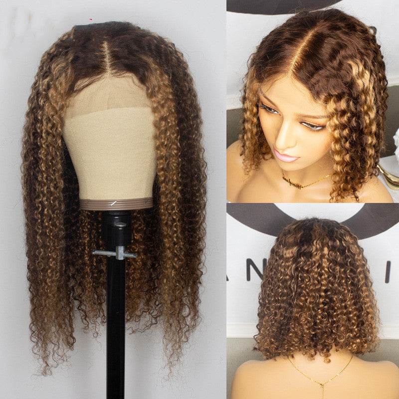Natural Curly Deep Wave Lace Wig, Piano-color Inter-color Lace Headgear view 3